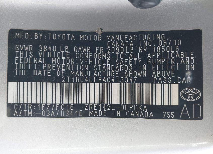 Photo 9 of 2010 Toyota Corolla LE (VIN 2T1BU4EE8AC413347)