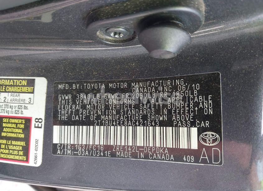 Photo 9 of 2010 Toyota Corolla LE (VIN 2T1BU4EE8AC421643)