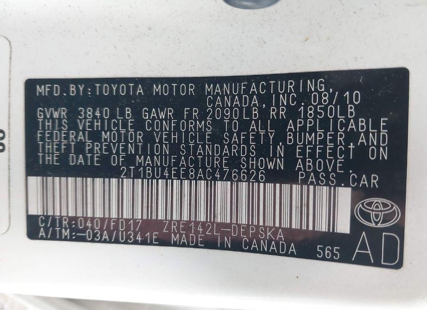 Photo 9 of 2010 Toyota Corolla S (VIN 2T1BU4EE8AC476626)