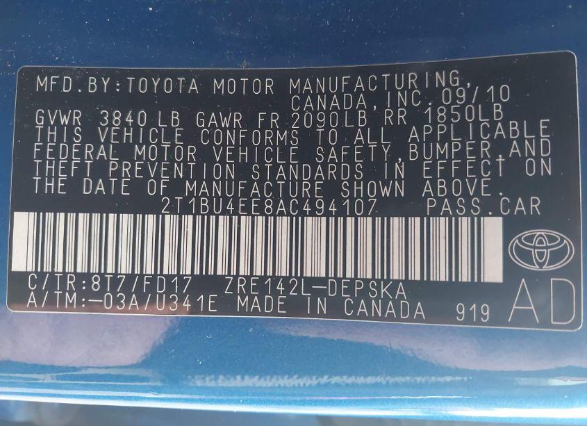 Photo 9 of 2010 Toyota Corolla S (VIN 2T1BU4EE8AC494107)