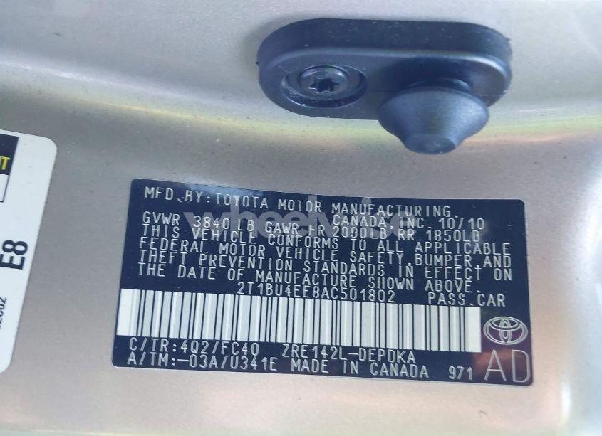 Photo 9 of 2010 Toyota Corolla LE (VIN 2T1BU4EE8AC501802)