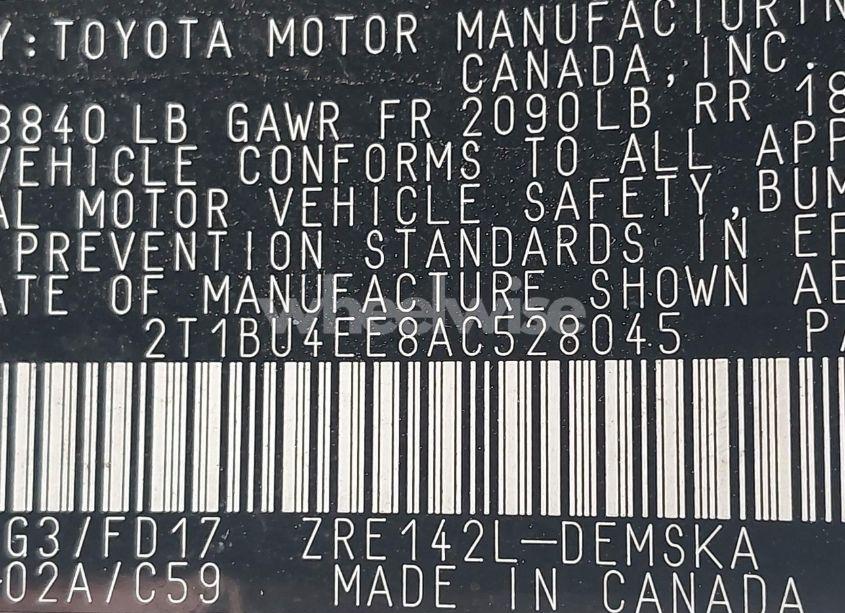 Photo 9 of 2010 Toyota Corolla S (VIN 2T1BU4EE8AC528045)