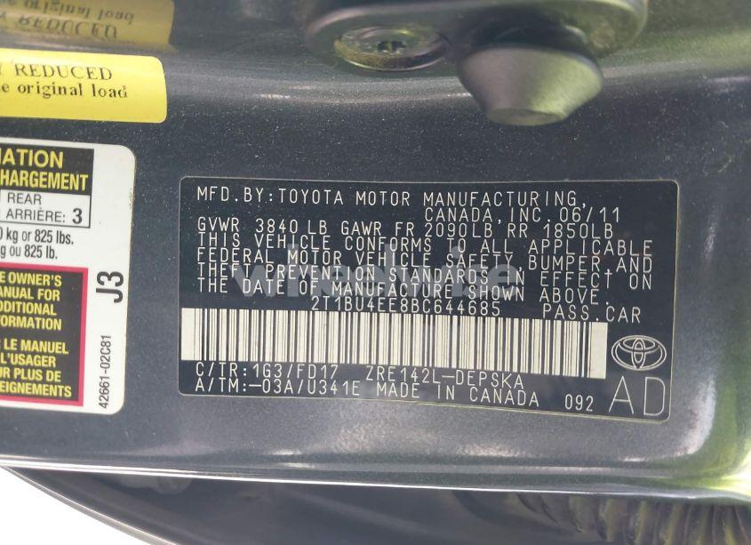 Photo 9 of 2011 Toyota Corolla S (VIN 2T1BU4EE8BC644685)