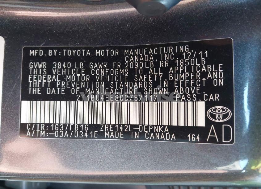 Photo 9 of 2012 Toyota Corolla LE (VIN 2T1BU4EE8CC757117)