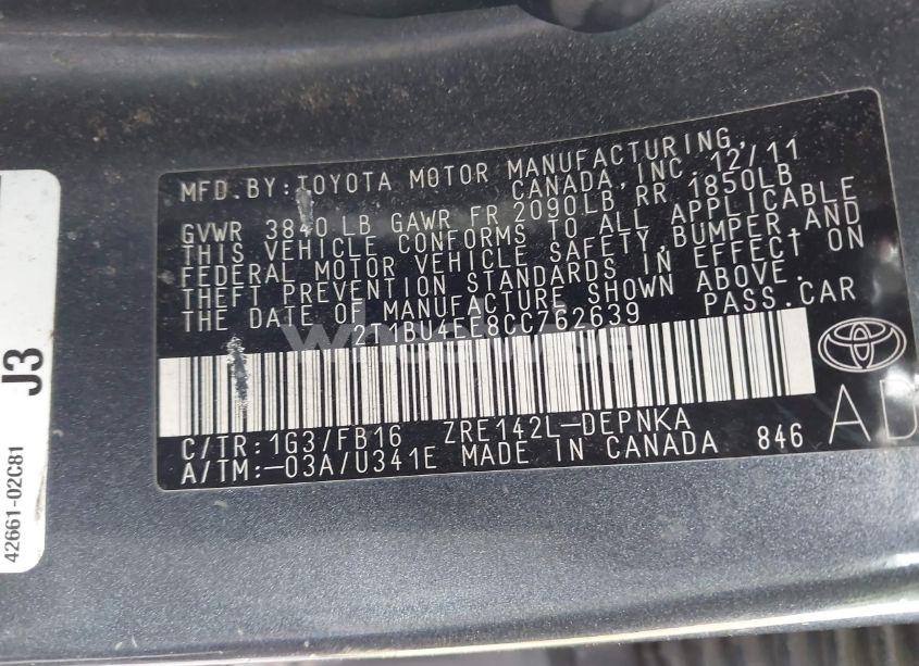 Photo 9 of 2012 Toyota Corolla LE (VIN 2T1BU4EE8CC762639)