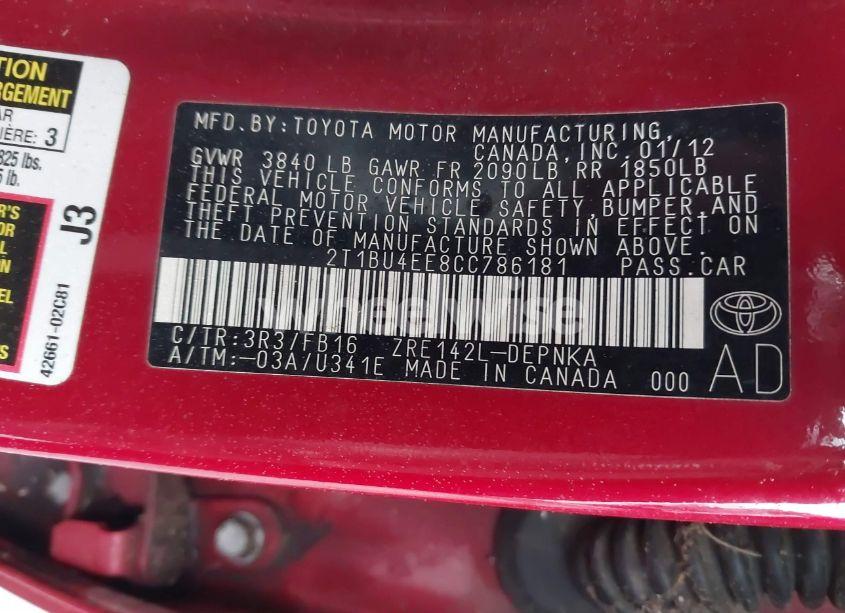 Photo 9 of 2012 Toyota Corolla LE (VIN 2T1BU4EE8CC786181)