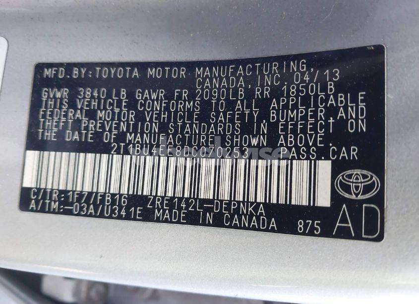 Photo 9 of 2013 Toyota Corolla LE (VIN 2T1BU4EE8DC070253)