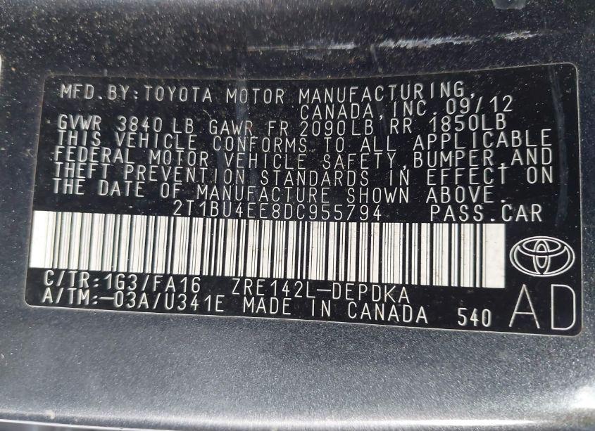 Photo 9 of 2013 Toyota Corolla L (VIN 2T1BU4EE8DC955794)