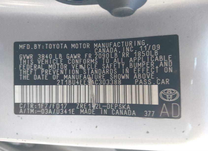 Photo 9 of 2010 Toyota Corolla S (VIN 2T1BU4EE9AC303388)