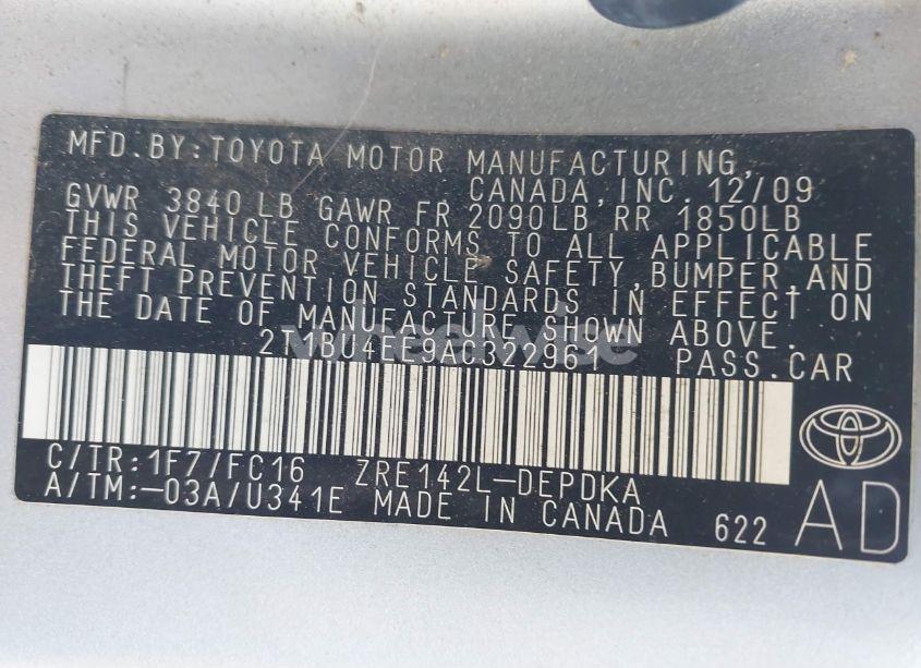 Photo 9 of 2010 Toyota Corolla LE (VIN 2T1BU4EE9AC322961)