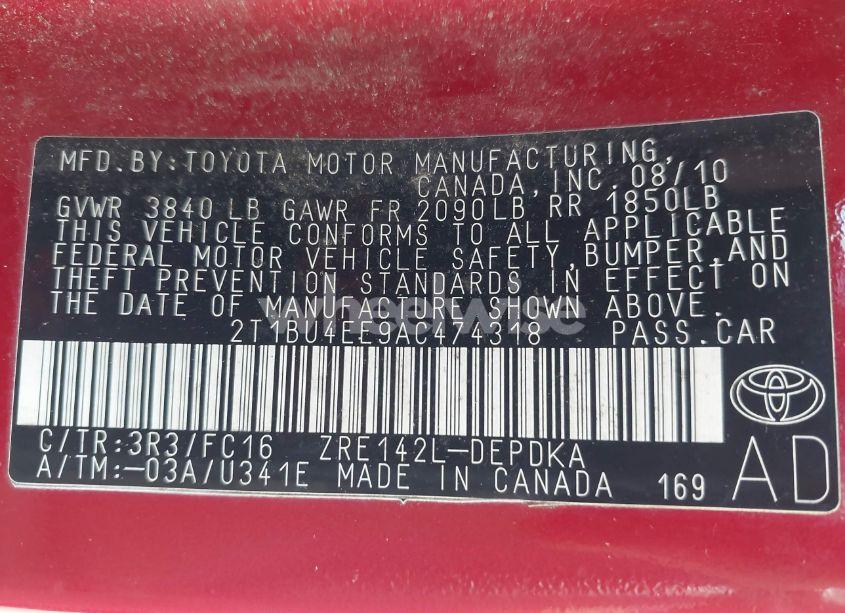 Photo 9 of 2010 Toyota Corolla LE (VIN 2T1BU4EE9AC474318)