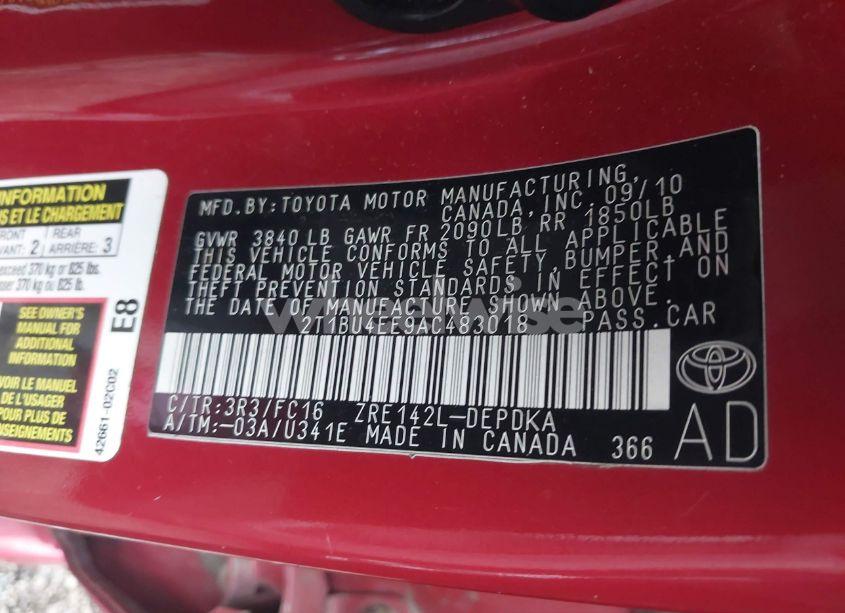 Photo 9 of 2010 Toyota Corolla LE (VIN 2T1BU4EE9AC483018)