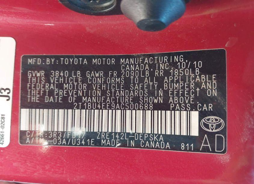 Photo 9 of 2010 Toyota Corolla S (VIN 2T1BU4EE9AC500688)