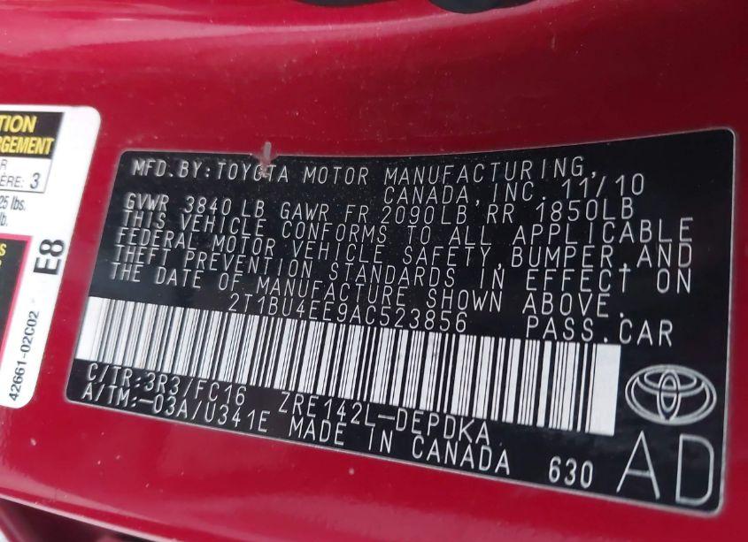 Photo 9 of 2010 Toyota Corolla LE (VIN 2T1BU4EE9AC523856)