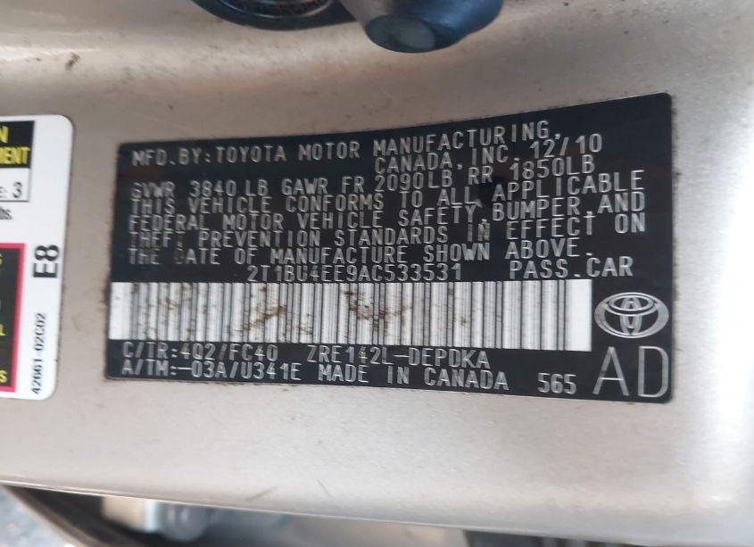 Photo 9 of 2010 Toyota Corolla LE (VIN 2T1BU4EE9AC533531)