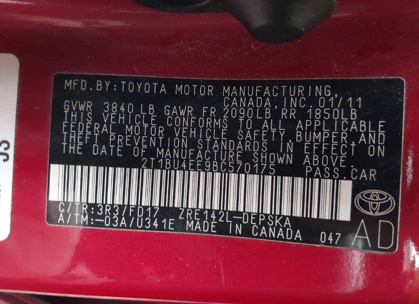 Photo 9 of 2011 Toyota Corolla S (VIN 2T1BU4EE9BC570175)