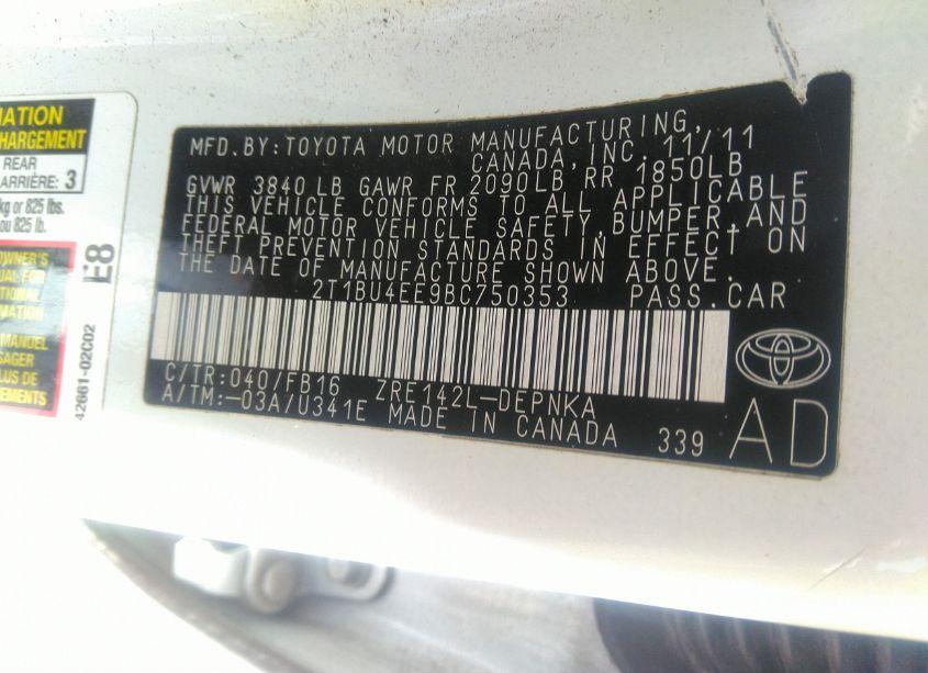 Photo 9 of 2011 Toyota Corolla LE (VIN 2T1BU4EE9BC750353)