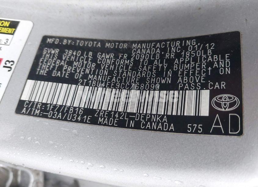 Photo 9 of 2012 Toyota Corolla LE (VIN 2T1BU4EE9CC768093)