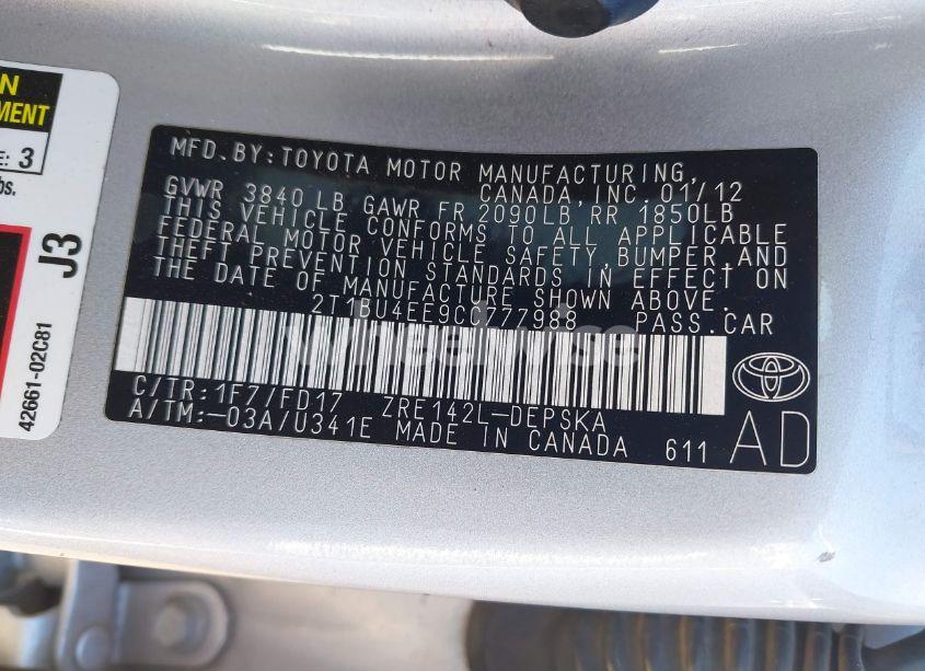 Photo 9 of 2012 Toyota Corolla S (VIN 2T1BU4EE9CC777988)