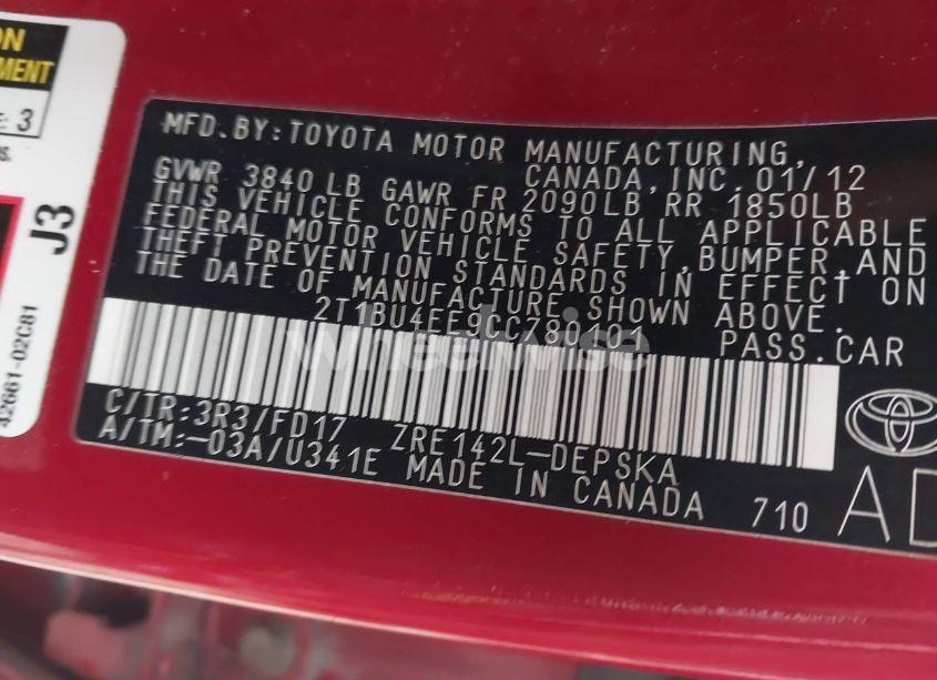 Photo 9 of 2012 Toyota Corolla S (VIN 2T1BU4EE9CC780101)