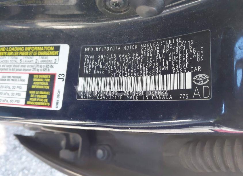 Photo 9 of 2012 Toyota Corolla LE (VIN 2T1BU4EE9CC802520)