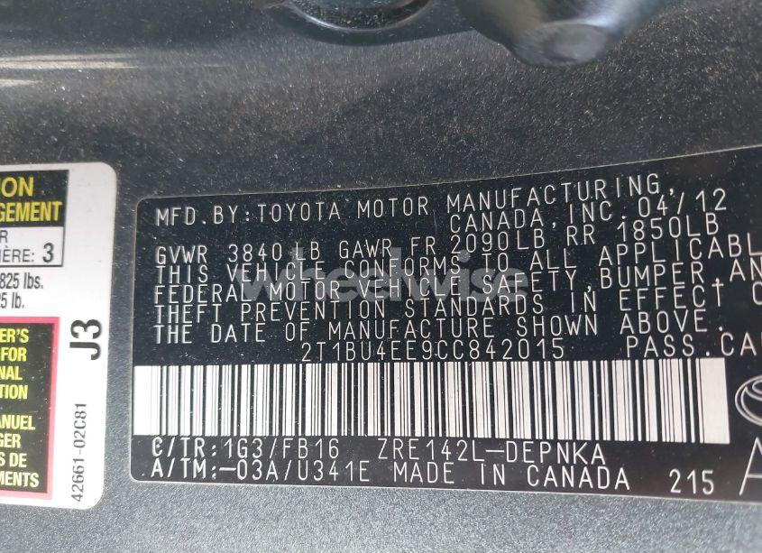 Photo 9 of 2012 Toyota Corolla LE (VIN 2T1BU4EE9CC842015)