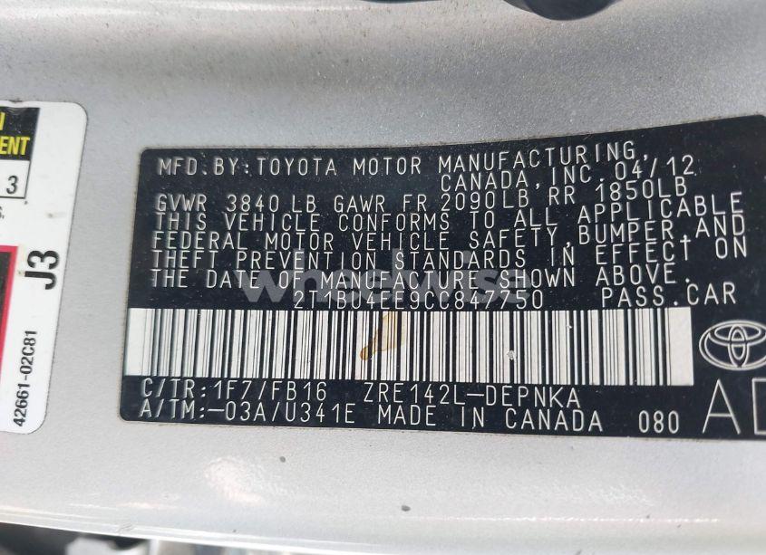 Photo 9 of 2012 Toyota Corolla LE (VIN 2T1BU4EE9CC847750)