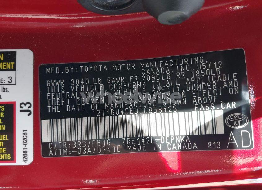 Photo 9 of 2012 Toyota Corolla LE (VIN 2T1BU4EE9CC858425)