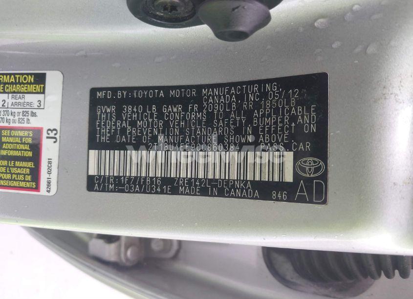 Photo 9 of 2012 Toyota Corolla LE (VIN 2T1BU4EE9CC860384)