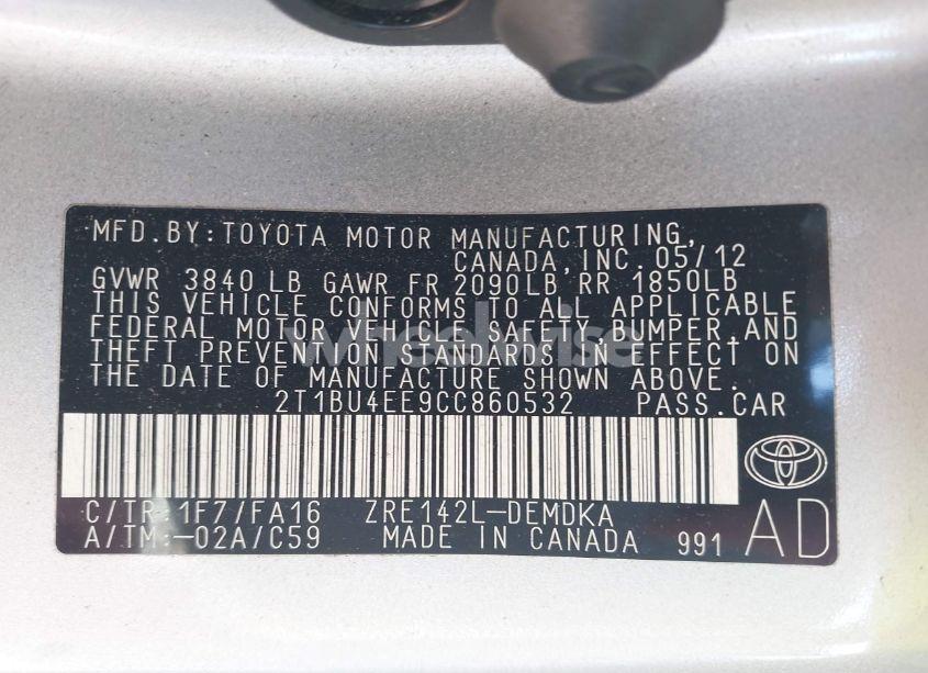 Photo 9 of 2012 Toyota Corolla L (VIN 2T1BU4EE9CC860532)