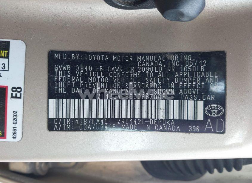 Photo 9 of 2012 Toyota Corolla L (VIN 2T1BU4EE9CC867805)