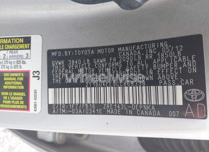 Photo 9 of 2012 Toyota Corolla LE (VIN 2T1BU4EE9CC868338)