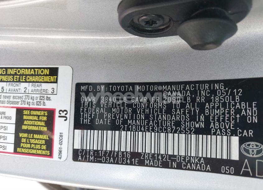 Photo 9 of 2012 Toyota Corolla LE (VIN 2T1BU4EE9CC872552)