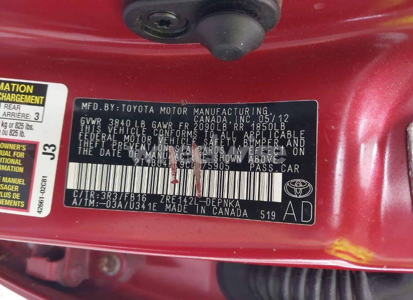 Photo 9 of 2012 Toyota Corolla LE (VIN 2T1BU4EE9CC875905)