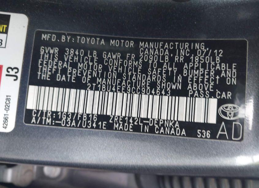 Photo 9 of 2012 Toyota Corolla LE (VIN 2T1BU4EE9CC904643)