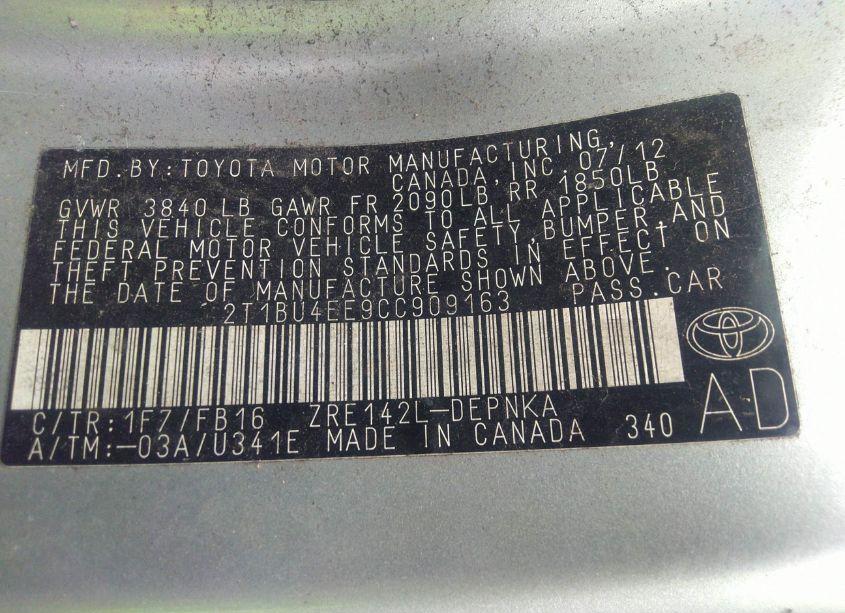 Photo 9 of 2012 Toyota Corolla LE (VIN 2T1BU4EE9CC909163)