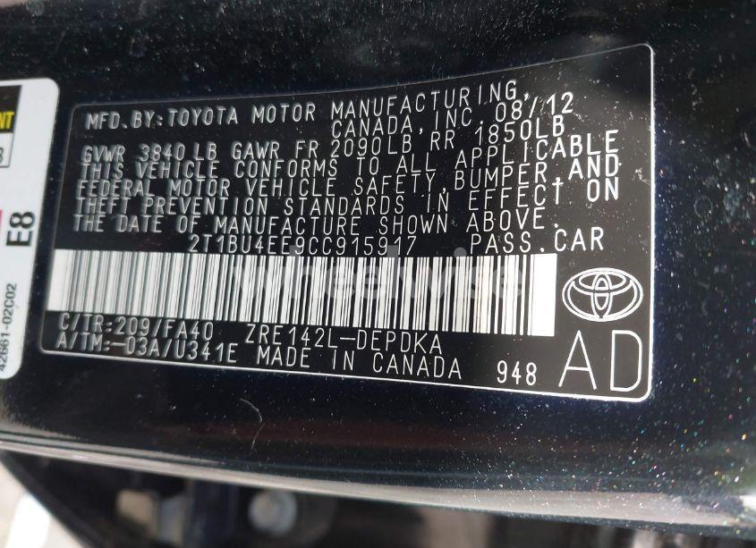 Photo 9 of 2012 Toyota Corolla L (VIN 2T1BU4EE9CC915917)
