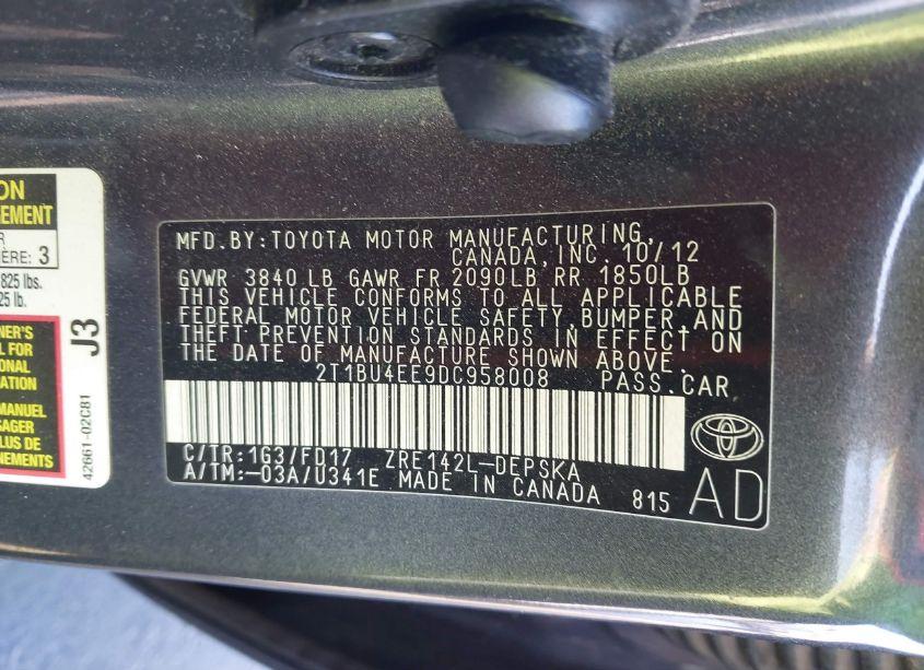 Photo 9 of 2013 Toyota Corolla S (VIN 2T1BU4EE9DC958008)