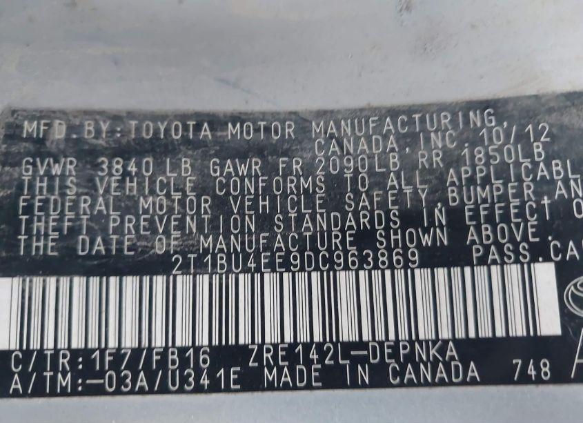 Photo 9 of 2013 Toyota Corolla LE (VIN 2T1BU4EE9DC963869)