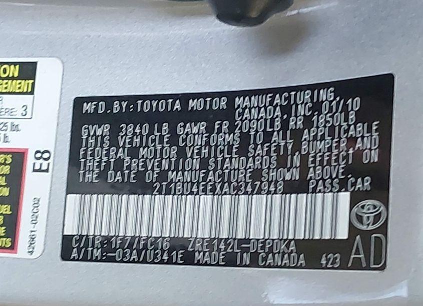 Photo 9 of 2010 Toyota Corolla LE (VIN 2T1BU4EEXAC347948)