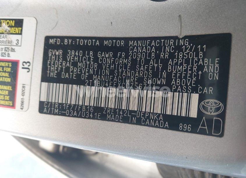 Photo 9 of 2012 Toyota Corolla LE (VIN 2T1BU4EEXCC756714)