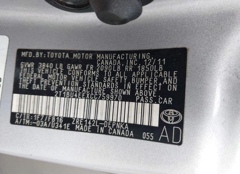 Photo 9 of 2012 Toyota Corolla LE (VIN 2T1BU4EEXCC759970)
