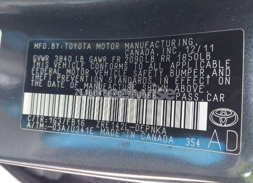 Photo 9 of 2012 Toyota Corolla LE (VIN 2T1BU4EEXCC760066)