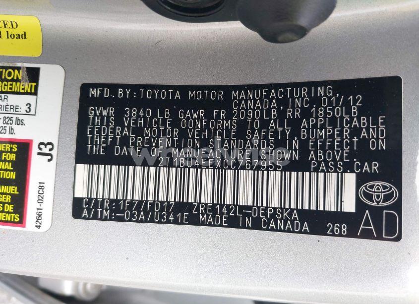 Photo 9 of 2012 Toyota Corolla S (VIN 2T1BU4EEXCC767955)