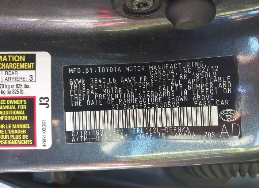 Photo 9 of 2012 Toyota Corolla LE (VIN 2T1BU4EEXCC800520)