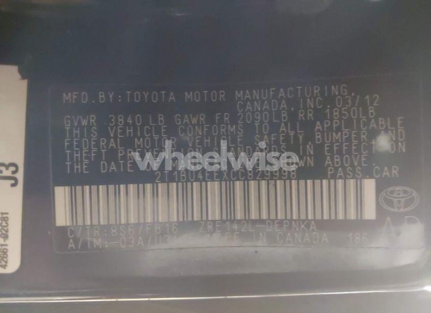 Photo 9 of 2012 Toyota Corolla LE (VIN 2T1BU4EEXCC829998)