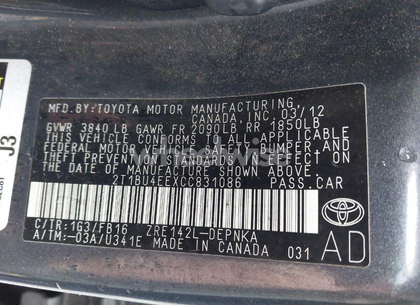 Photo 9 of 2012 Toyota Corolla LE (VIN 2T1BU4EEXCC831086)