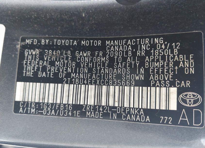 Photo 9 of 2012 Toyota Corolla LE (VIN 2T1BU4EEXCC835669)