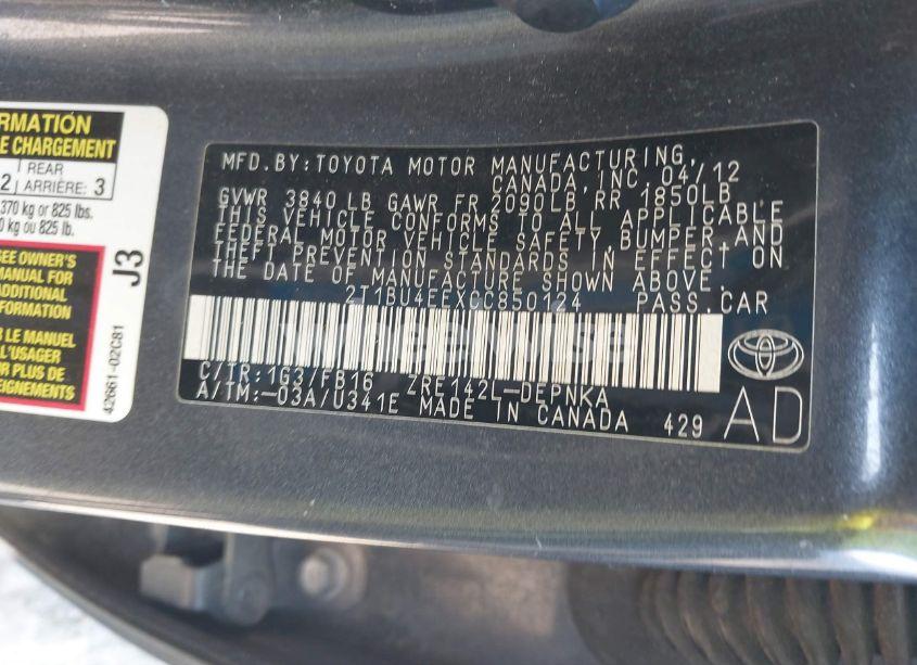 Photo 9 of 2012 Toyota Corolla LE (VIN 2T1BU4EEXCC850124)