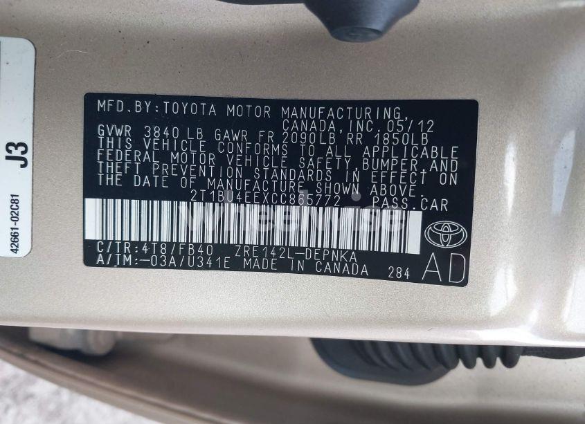 Photo 9 of 2012 Toyota Corolla LE (VIN 2T1BU4EEXCC865772)